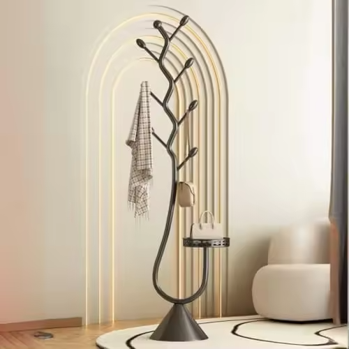 Freestanding Storage Tray Coat Rack with Natural Metal Base & 8 Hooks, Tree-Shaped Small Space Coat Rack for Entryway