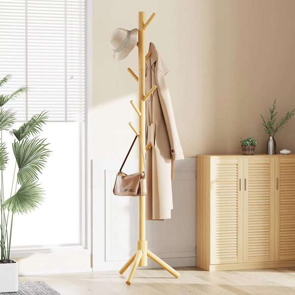 Solid Wooden Coat Rack Freestanding, Hall Tree with 8 Hooks, 3 Height Options for Coats, Hats, Handbags, and Scarves, Tool-Free Assembly, Space Saving Design for Entryway, Office, Bedroom