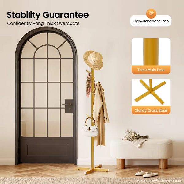 Gold Metal Coat Rack Tree-Shaped Vertical 7 Rod Floor Standing Hanger Storage Rack Coat Hat Scarf Holder for Bedroom Entrance
