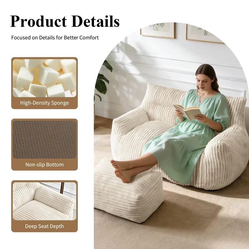 Giant Bean Bag Chair for Adults with Armrests ，Large Stuffed Animal Storage Bean Bag ，Washable Oversized Comfy  Beanbag  Chair，  Cozy Fluffy Single Cloud Mini Couch，Lounge Lazy Floor Sofa Accent Chair for Living Room