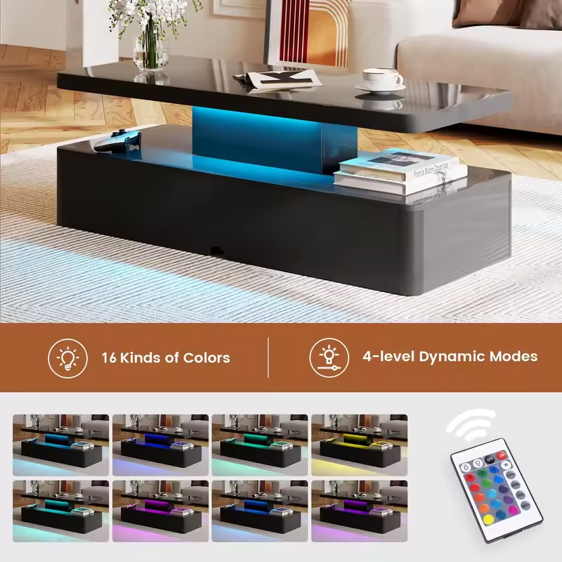 40" Modern Living Room Tables, LED Coffee Table with LED Lights, 2 Tier Rectangular Center Table with Large, Customized