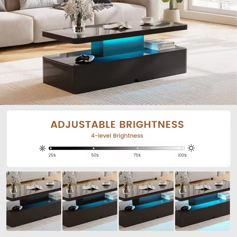 40" Modern Living Room Tables, LED Coffee Table with LED Lights, 2 Tier Rectangular Center Table with Large, Customized
