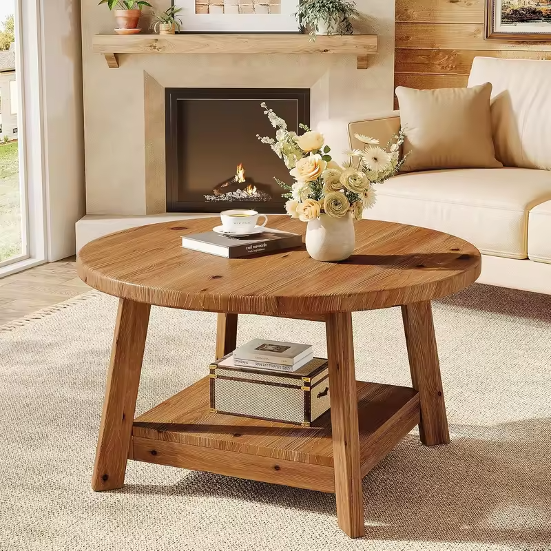 31.5" Solid Wood Round Farmhouse Coffee Table, 2-Tier Circle Center Accent Table for Living Room, Custom