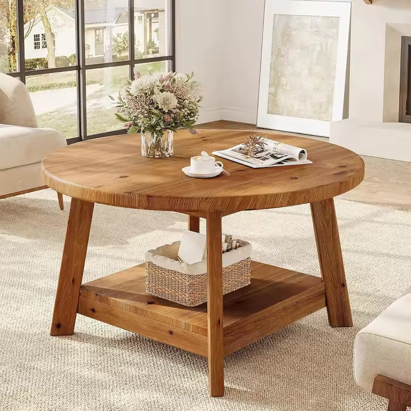 31.5" Solid Wood Round Farmhouse Coffee Table, 2-Tier Circle Center Accent Table for Living Room, Custom