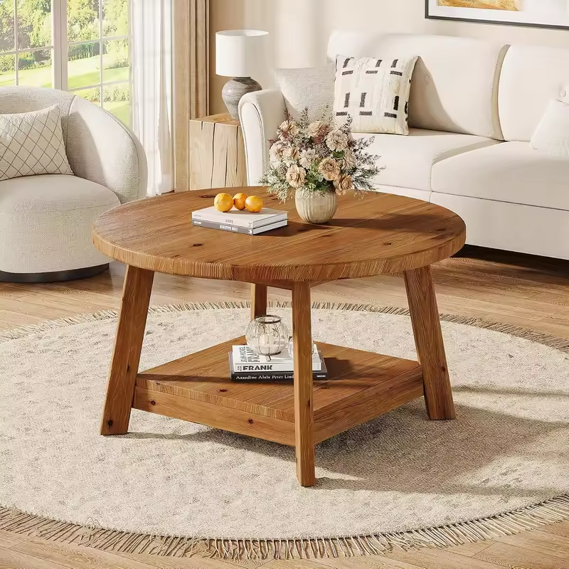 31.5" Solid Wood Round Farmhouse Coffee Table, 2-Tier Circle Center Accent Table for Living Room, Custom