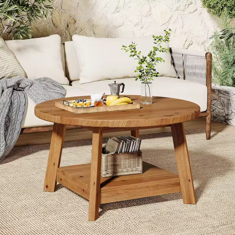 31.5" Solid Wood Round Farmhouse Coffee Table, 2-Tier Circle Center Accent Table for Living Room, Custom