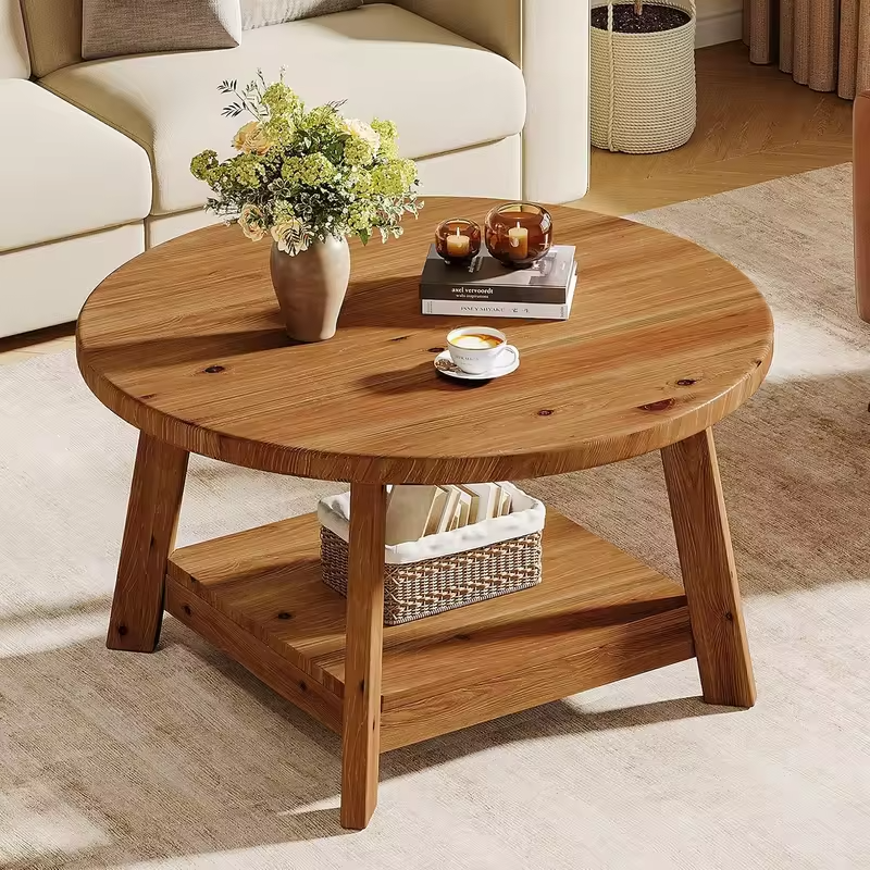 31.5" Solid Wood Round Farmhouse Coffee Table, 2-Tier Circle Center Accent Table for Living Room, Custom