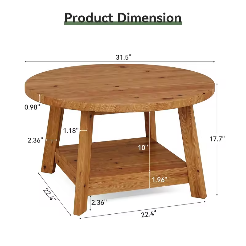 31.5" Solid Wood Round Farmhouse Coffee Table, 2-Tier Circle Center Accent Table for Living Room, Custom