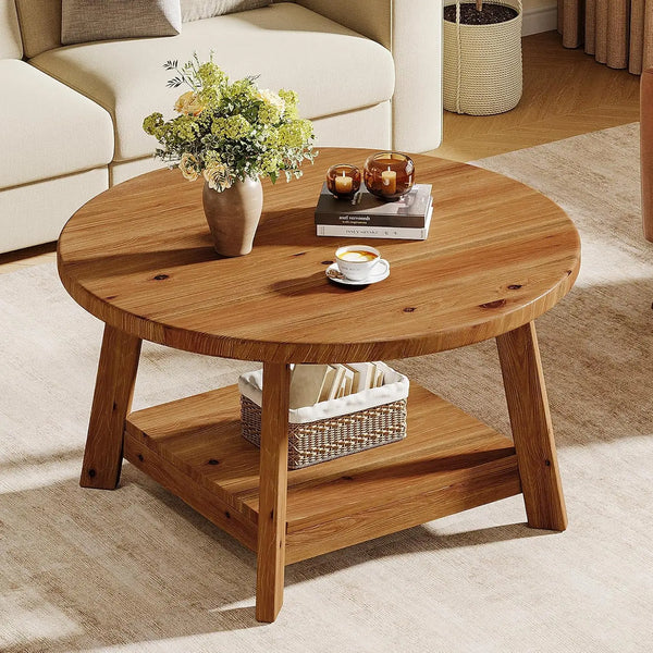 31.5" Solid Wood Round Farmhouse Coffee Table, 2-Tier Circle Center Accent Table for Living Room, Custom
