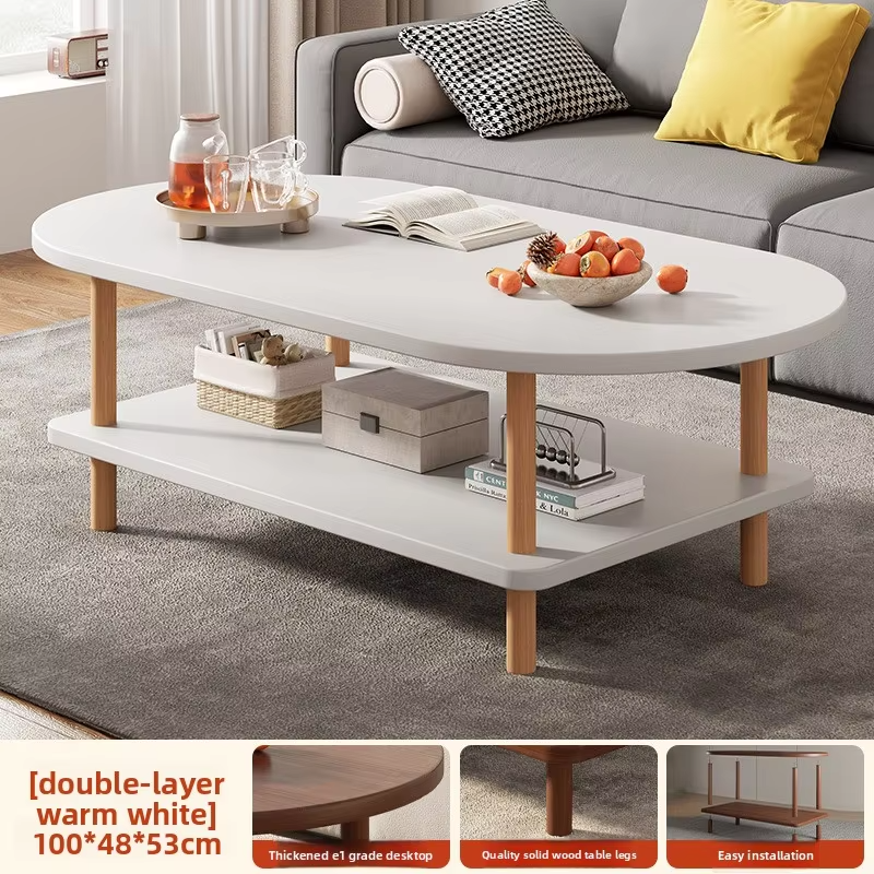 Coffee Table for Living Room Oval Small Space Furniture for Apartment Modern Simple Low Double-Layer Storage Table Easy Clean