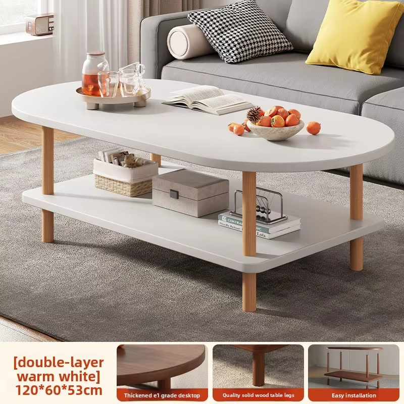 Coffee Table for Living Room Oval Small Space Furniture for Apartment Modern Simple Low Double-Layer Storage Table Easy Clean