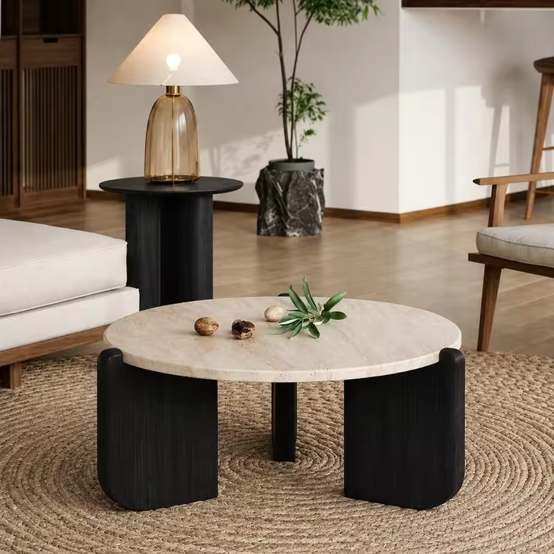 Round Coffee Table Wabi Sabi Stone Coffee Table Solid Wood Tea Table Minimalist Living Room Balcony Side Table Decor