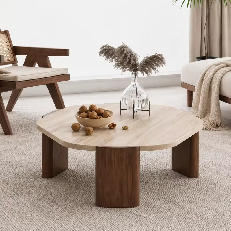 Round Coffee Table Wabi Sabi Stone Coffee Table Solid Wood Tea Table Minimalist Living Room Balcony Side Table Decor