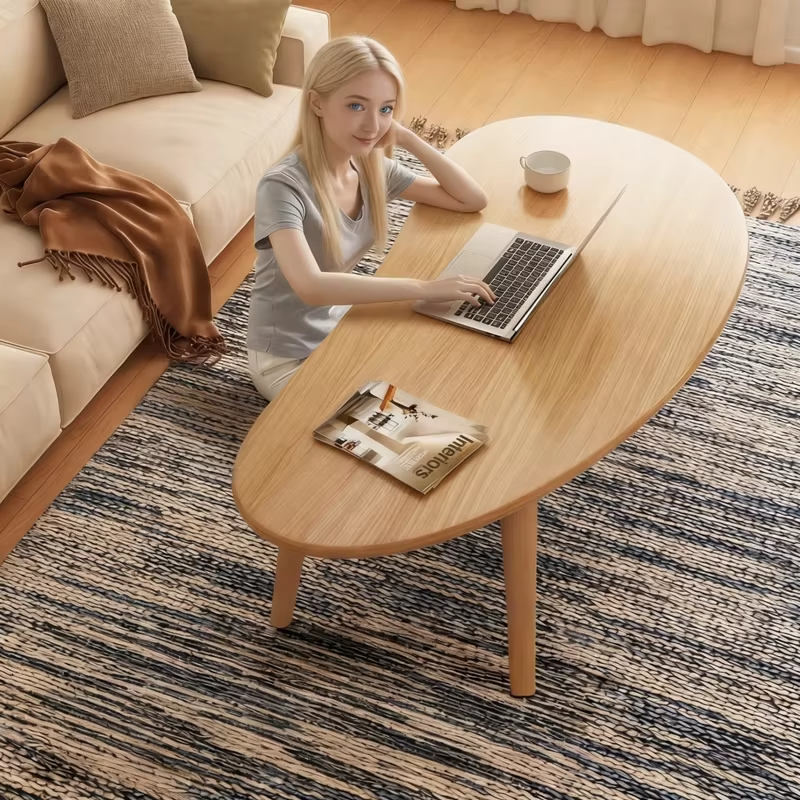 Nordic-Style Solid Wood Round Coffee Table – Soft Rounded Edges, Natural Wood Grain Texture, Sturdy Living Room Center Table for Modern Home Decor & Thoughtful Gift Idea