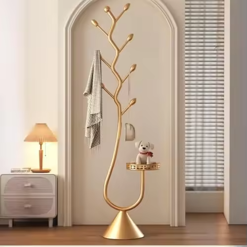 Freestanding Storage Tray Coat Rack with Natural Metal Base & 8 Hooks, Tree-Shaped Small Space Coat Rack for Entryway