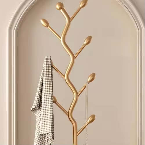 Freestanding Storage Tray Coat Rack with Natural Metal Base & 8 Hooks, Tree-Shaped Small Space Coat Rack for Entryway