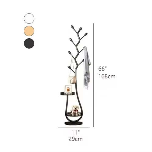 Freestanding Storage Tray Coat Rack with Natural Metal Base & 8 Hooks, Tree-Shaped Small Space Coat Rack for Entryway
