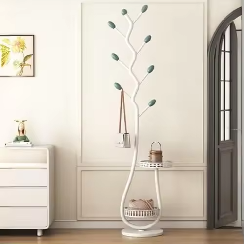 Freestanding Storage Tray Coat Rack with Natural Metal Base & 8 Hooks, Tree-Shaped Small Space Coat Rack for Entryway