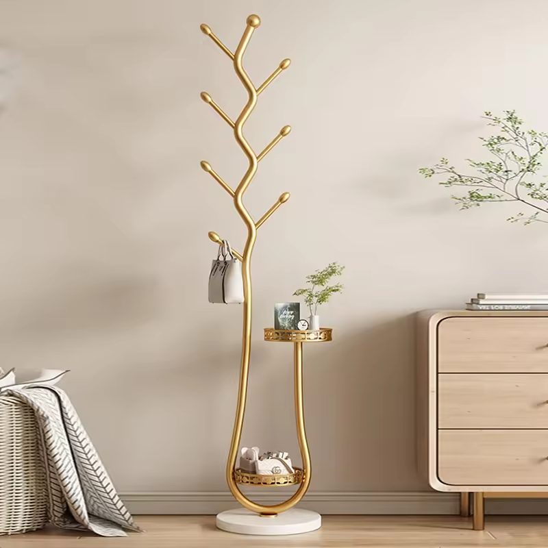 Freestanding Storage Tray Coat Rack with Natural Metal Base & 8 Hooks, Tree-Shaped Small Space Coat Rack for Entryway