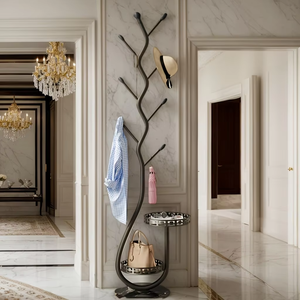 Freestanding Storage Tray Coat Rack with Natural Metal Base & 8 Hooks, Tree-Shaped Small Space Coat Rack for Entryway