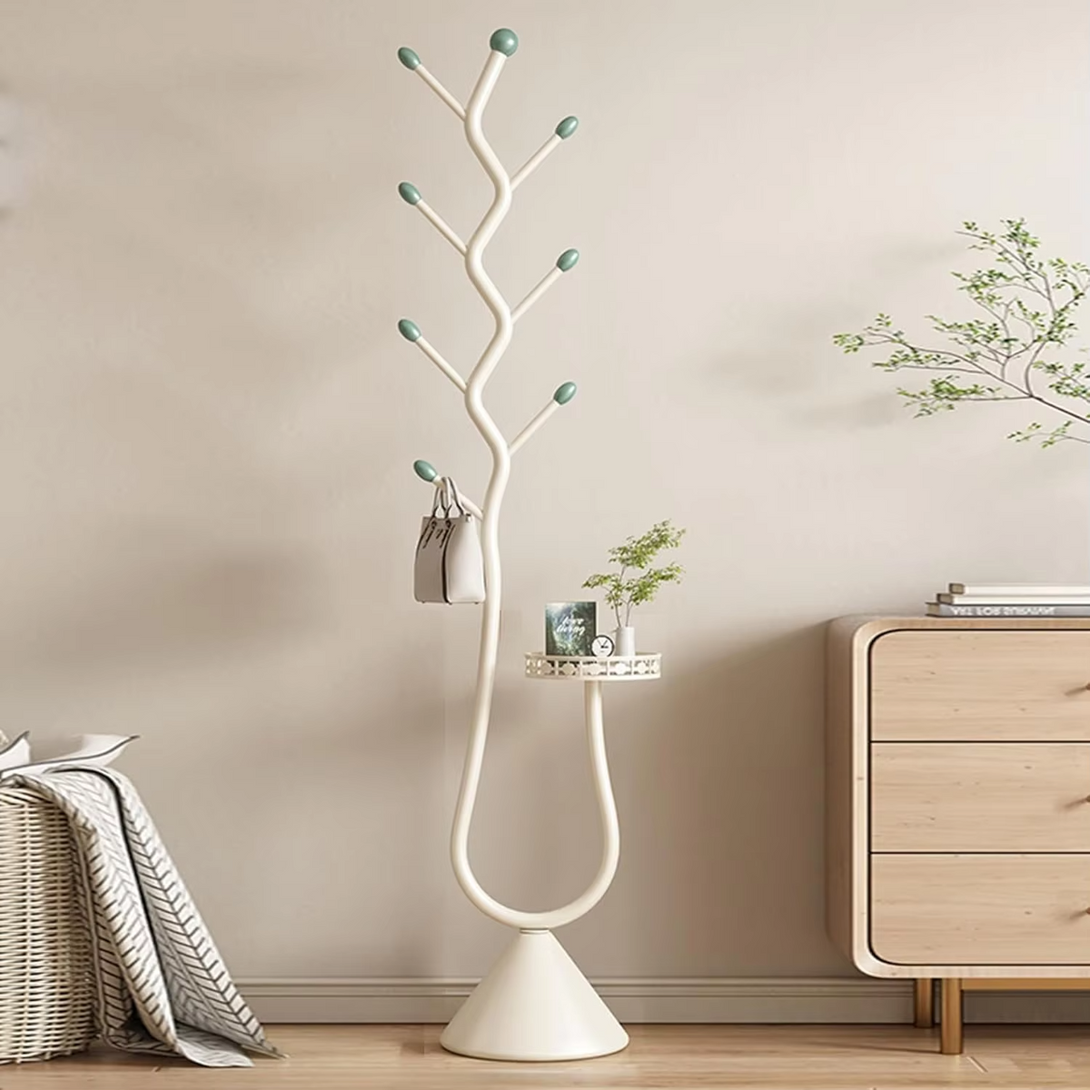 Freestanding Storage Tray Coat Rack with Natural Metal Base & 8 Hooks, Tree-Shaped Small Space Coat Rack for Entryway