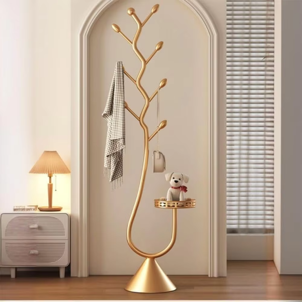 Freestanding Storage Tray Coat Rack with Natural Metal Base & 8 Hooks, Tree-Shaped Small Space Coat Rack for Entryway