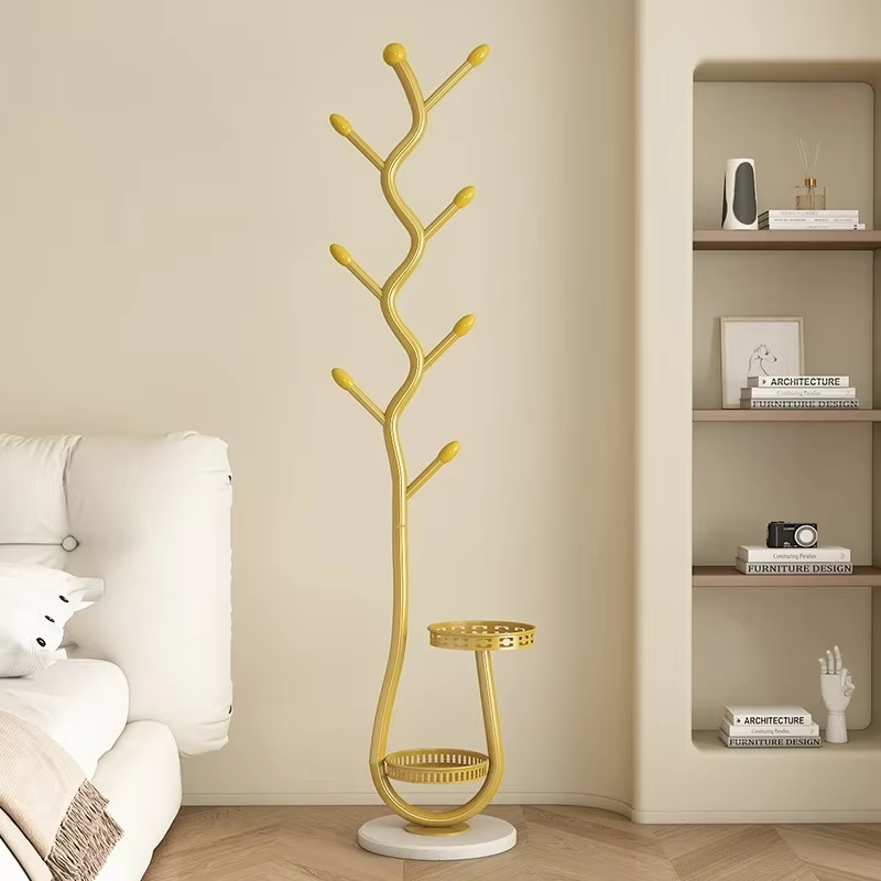 Freestanding Storage Tray Coat Rack with Natural Metal Base & 8 Hooks, Tree-Shaped Small Space Coat Rack for Entryway