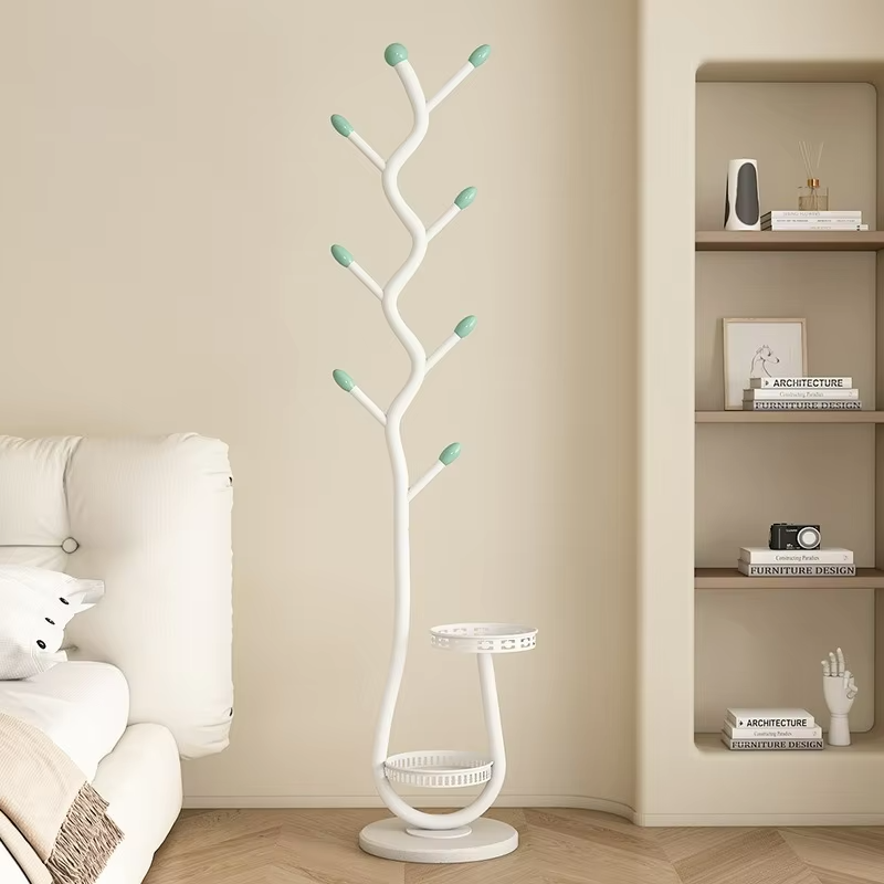 Freestanding Storage Tray Coat Rack with Natural Metal Base & 8 Hooks, Tree-Shaped Small Space Coat Rack for Entryway