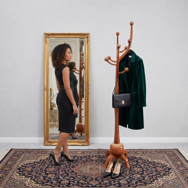 Tree Shaped Freestanding Coat Rack with 8 Hooks Rubberwood Stand for Entryway Living Room Hallway Office Bedroom Apartment
