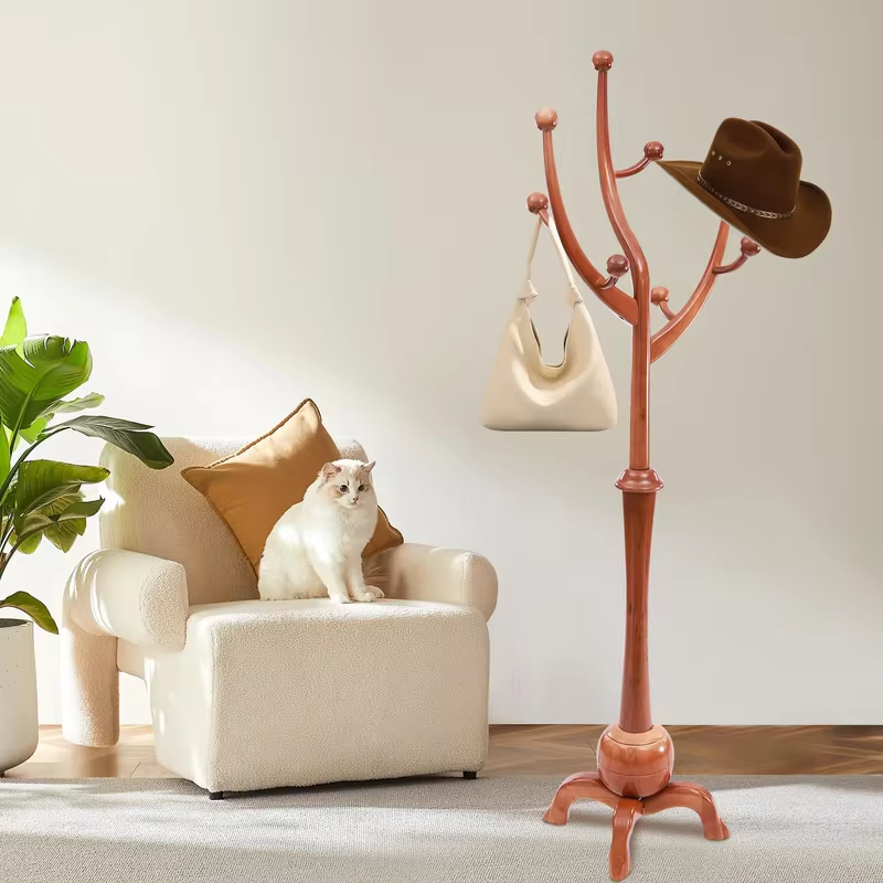 Tree Shaped Freestanding Coat Rack with 8 Hooks Rubberwood Stand for Entryway Living Room Hallway Office Bedroom Apartment