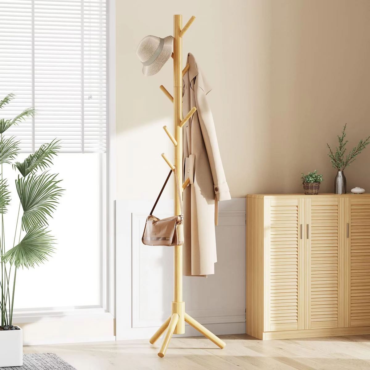 Solid Wooden Coat Rack Freestanding, Hall Tree with 8 Hooks, 3 Height Options for Coats, Hats, Handbags, and Scarves, Tool-Free Assembly, Space Saving Design for Entryway, Office, Bedroom