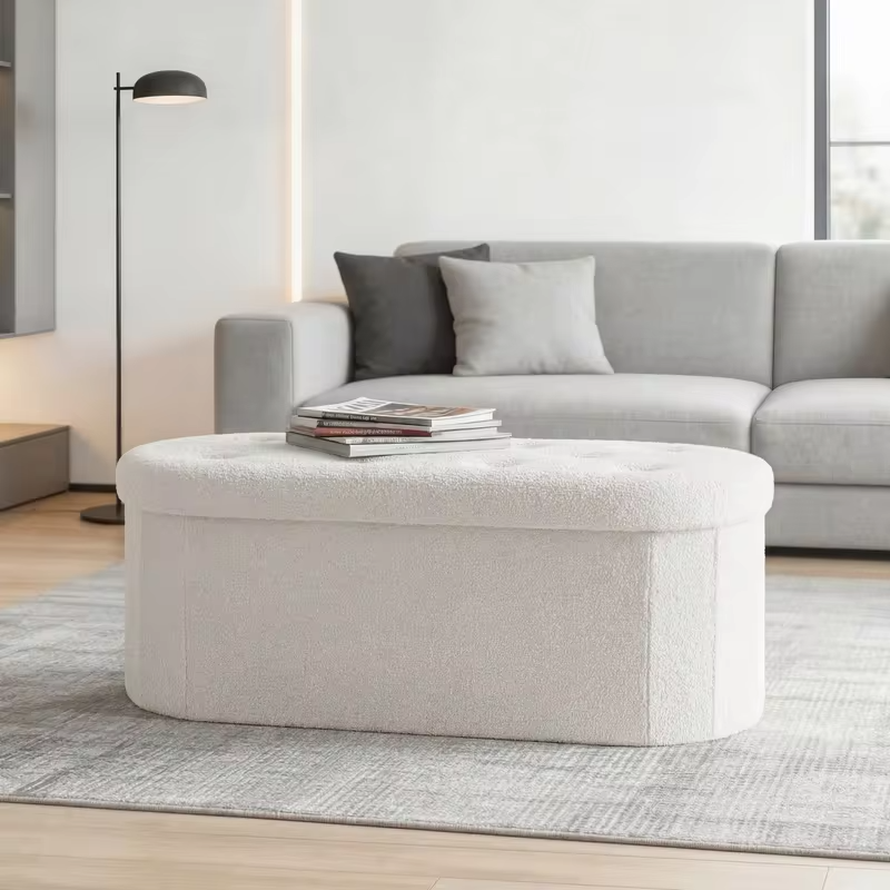 JHK 30/43IN Folding Storage Ottoman Bench with Storage Teddy Fabric Storage Chest for Bedroom End of Bed Foot Rest Bench Stool with Cushion for Home Entryway