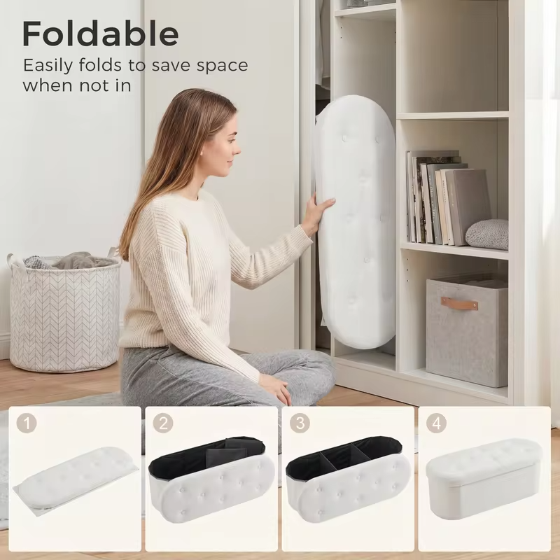 JHK 30/43IN Folding Storage Ottoman Bench with Storage Teddy Fabric Storage Chest for Bedroom End of Bed Foot Rest Bench Stool with Cushion for Home Entryway