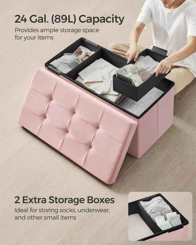 SONGMICS Mazie Collection - Storage Ottoman Bench, Foldable Foot Rest, 15 x 30 x 15 Inches, End of Bed Bench, Storage Chest