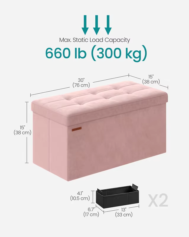 SONGMICS Mazie Collection - Storage Ottoman Bench, Foldable Foot Rest, 15 x 30 x 15 Inches, End of Bed Bench, Storage Chest