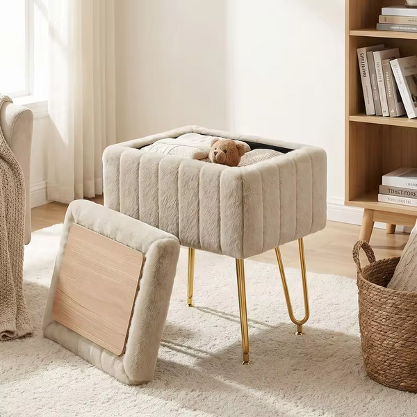 JHK Ottoman Faux Fur Vanity Stool Chair with Storage Padded Makeup with 4 Metal Legs Anti-Slip Adjustable Feet Living Room Hidden Storage Stools for Home Entryway
