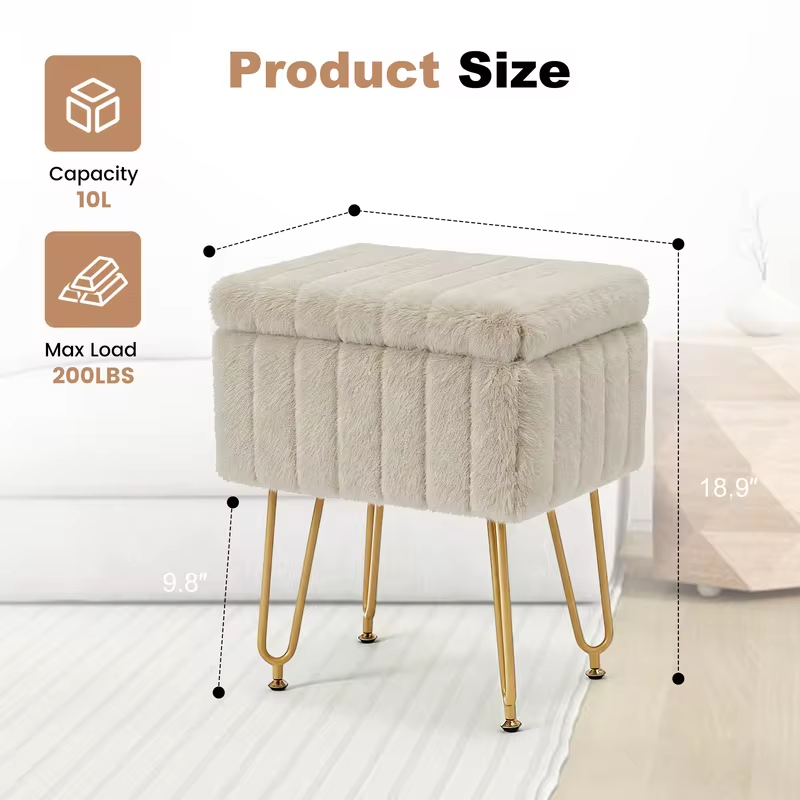 JHK Ottoman Faux Fur Vanity Stool Chair with Storage Padded Makeup with 4 Metal Legs Anti-Slip Adjustable Feet Living Room Hidden Storage Stools for Home Entryway