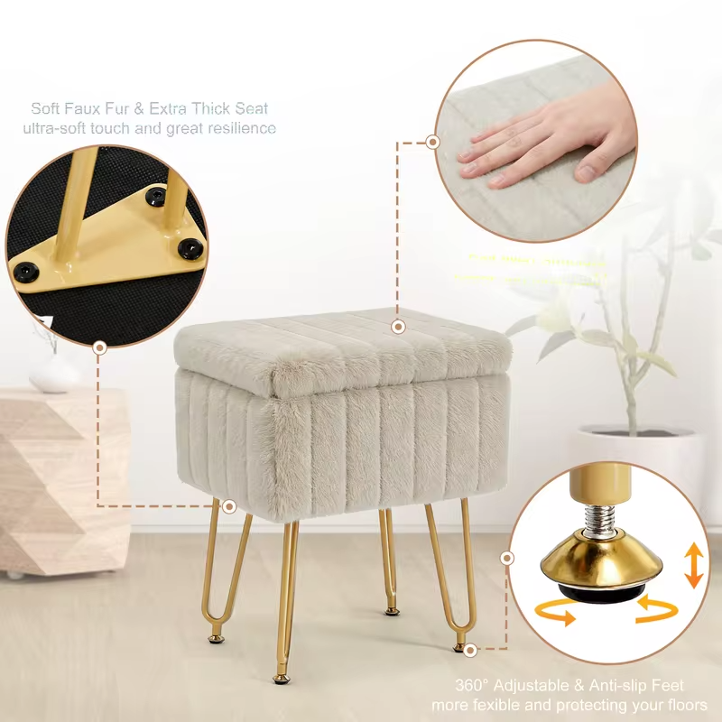JHK Ottoman Faux Fur Vanity Stool Chair with Storage Padded Makeup with 4 Metal Legs Anti-Slip Adjustable Feet Living Room Hidden Storage Stools for Home Entryway