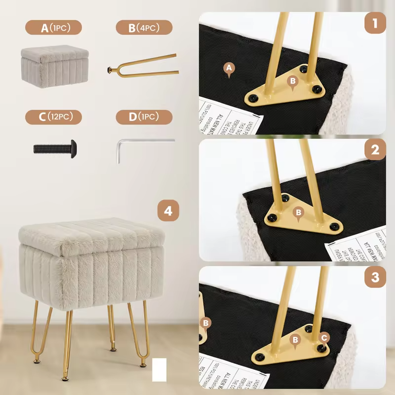 JHK Ottoman Faux Fur Vanity Stool Chair with Storage Padded Makeup with 4 Metal Legs Anti-Slip Adjustable Feet Living Room Hidden Storage Stools for Home Entryway