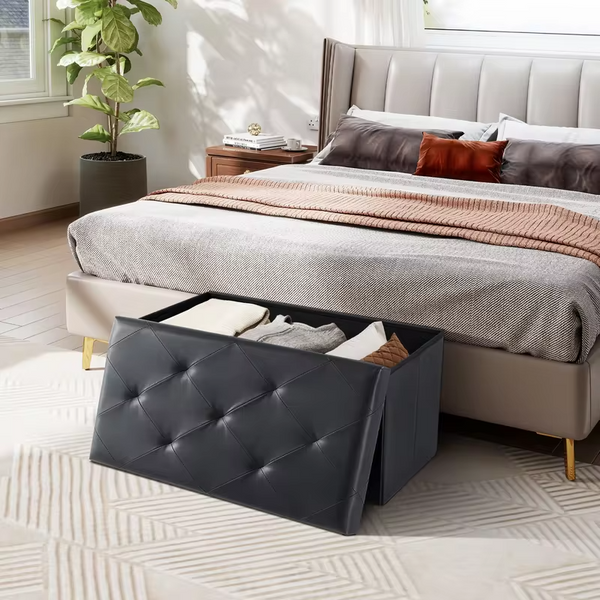 MCQ 30 Inch Faux Leather Foldable Ottoman Foot Rest Stool with Storage Folding End of Bed Storage Bench Storage for Living Room Bedroom Entryway