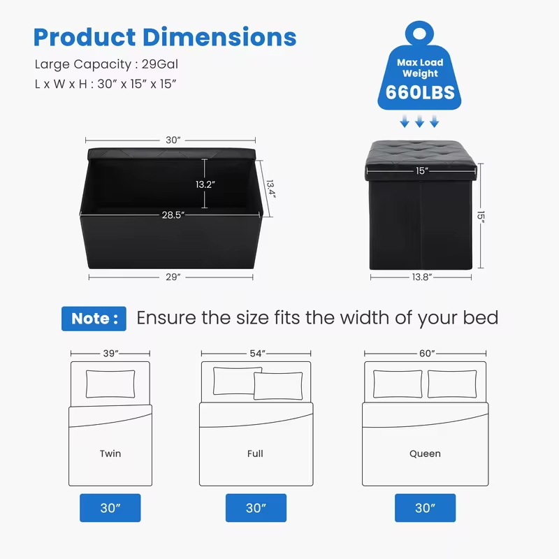 MCQ 30 Inch Faux Leather Foldable Ottoman Foot Rest Stool with Storage Folding End of Bed Storage Bench Storage for Living Room Bedroom Entryway