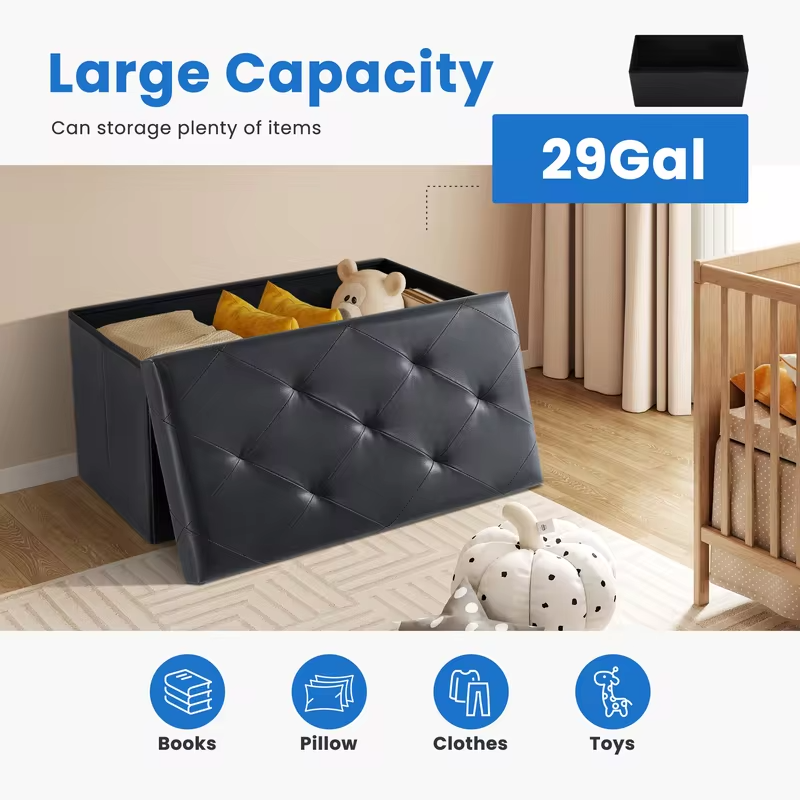 MCQ 30 Inch Faux Leather Foldable Ottoman Foot Rest Stool with Storage Folding End of Bed Storage Bench Storage for Living Room Bedroom Entryway