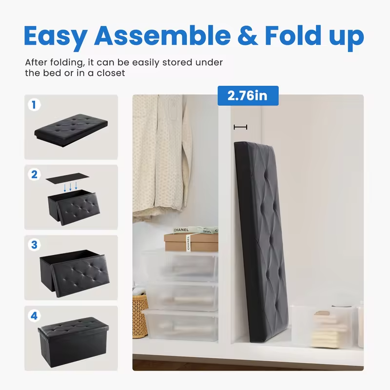 MCQ 30 Inch Faux Leather Foldable Ottoman Foot Rest Stool with Storage Folding End of Bed Storage Bench Storage for Living Room Bedroom Entryway