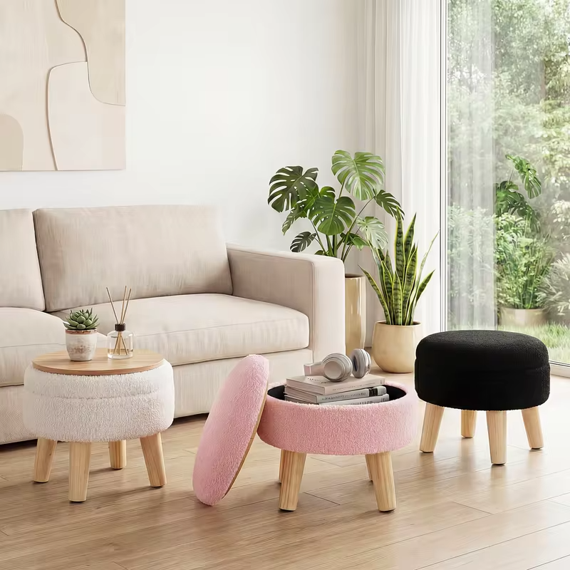 JHK Round Storage Ottoman Stool Teddy Velvet Padded Seat Footstool with Hidden Storage Wood Legs for Living Room Bedroom