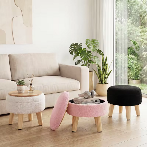 JHK Round Storage Ottoman Stool Teddy Velvet Padded Seat Footstool with Hidden Storage Wood Legs for Living Room Bedroom
