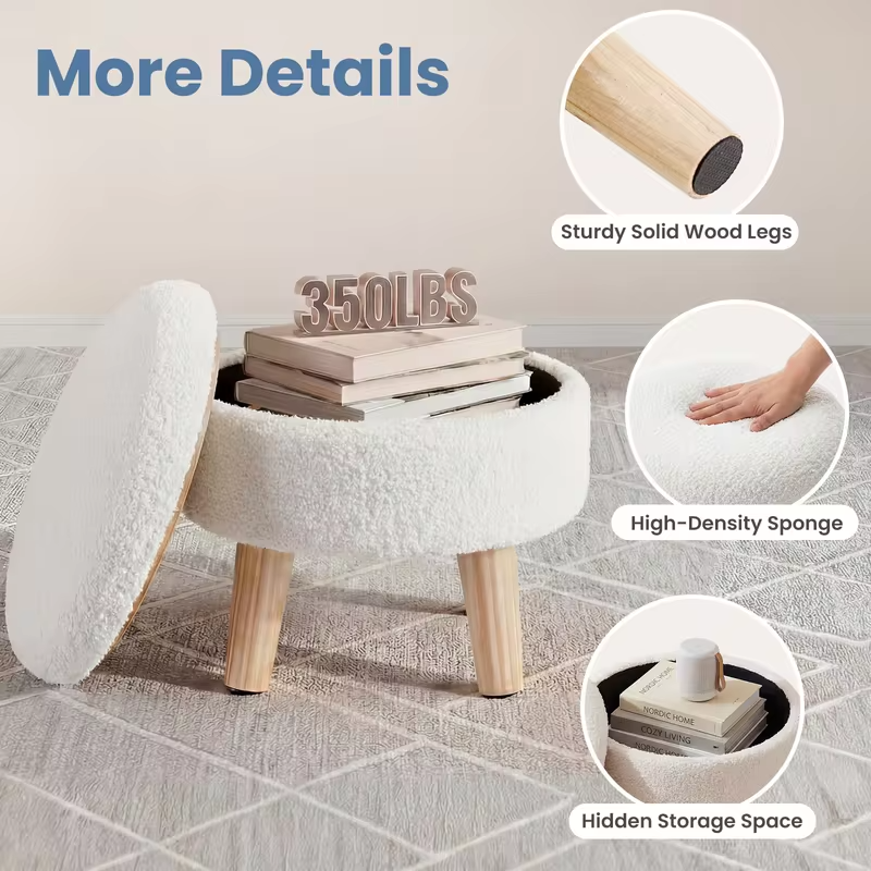 JHK Round Storage Ottoman Stool Teddy Velvet Padded Seat Footstool with Hidden Storage Wood Legs for Living Room Bedroom