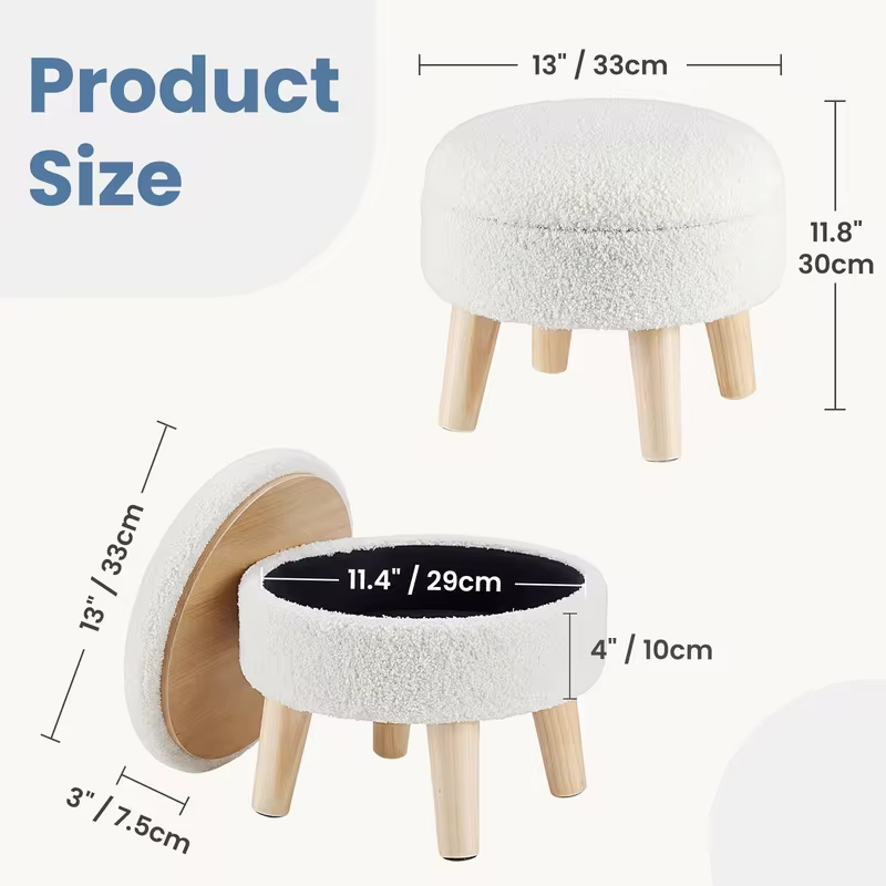 JHK Round Storage Ottoman Stool Teddy Velvet Padded Seat Footstool with Hidden Storage Wood Legs for Living Room Bedroom