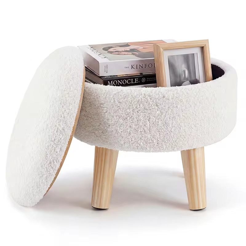JHK Round Storage Ottoman Stool Teddy Velvet Padded Seat Footstool with Hidden Storage Wood Legs for Living Room Bedroom