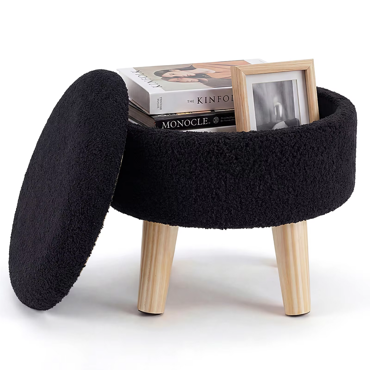 JHK Round Storage Ottoman Stool Teddy Velvet Padded Seat Footstool with Hidden Storage Wood Legs for Living Room Bedroom