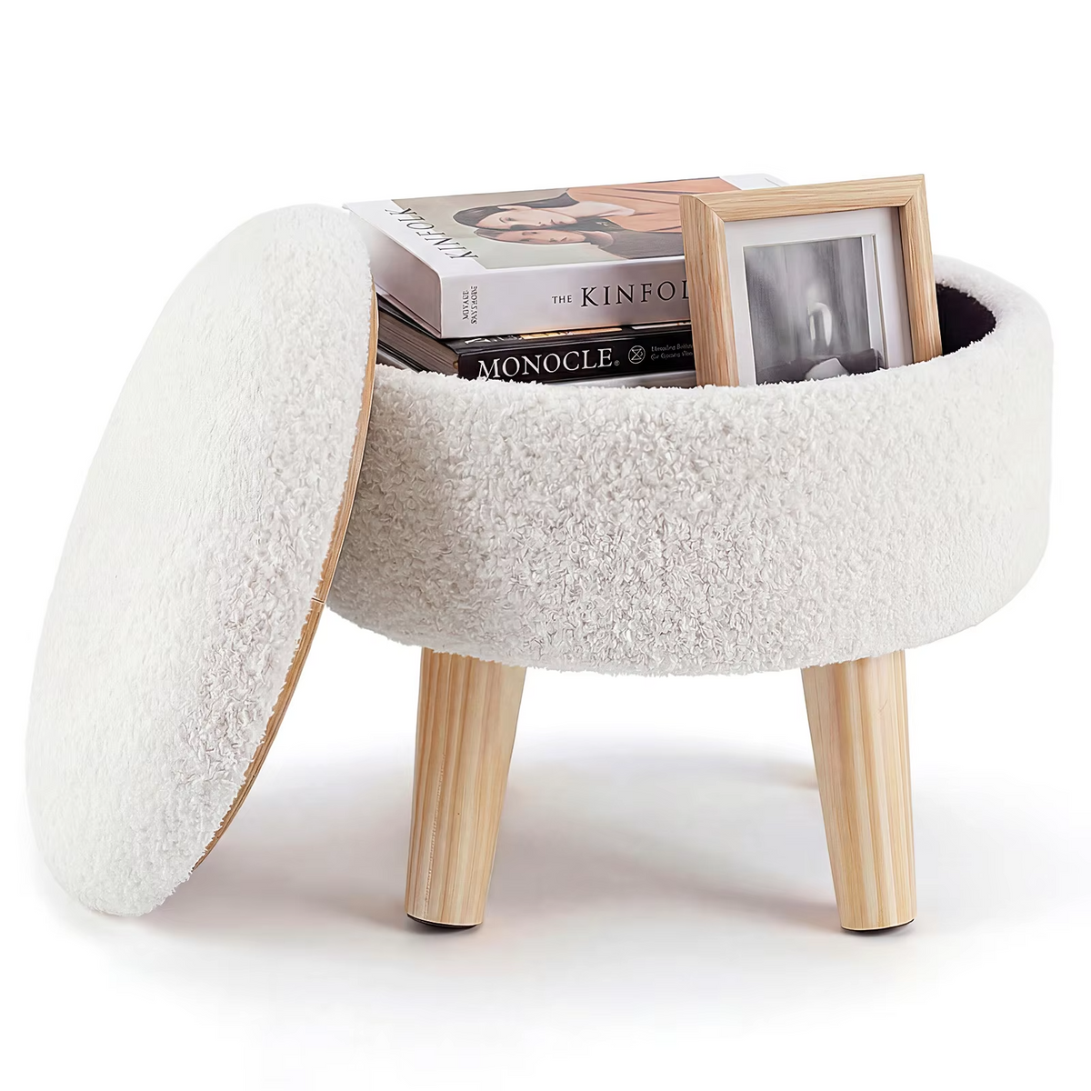 JHK Round Storage Ottoman Stool Teddy Velvet Padded Seat Footstool with Hidden Storage Wood Legs for Living Room Bedroom